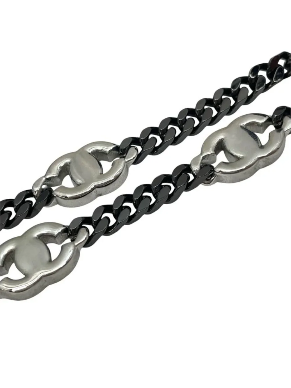 Chanel Choker Chain Pendant CC Logo Rhinestone Gunmetal Black Silver Necklace